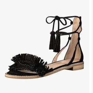 YDN Black Stacked Low Heels Fringes Sandals Open Toe Lace up Night Club Shoe